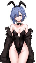 Rule 34 | 1girl, absurdres, animal ears, bare legs, bare shoulders, black leotard, blue hair, bocchi the rock!, bow, bowtie, breasts, coat, collarbone, covered navel, fake animal ears, groin, hair ornament, hair over one eye, hairclip, highres, kushinaka, leotard, medium breasts, mole, mole under eye, off shoulder, open mouth, playboy bunny, rabbit ears, short hair, simple background, solo, thigh gap, thighs, white background, yamada ryo, yellow eyes