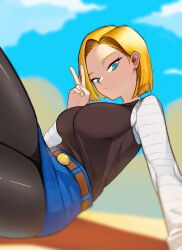 Rule 34 | 1girl, absurdres, android 18, aqua eyes, belt, black pantyhose, black shirt, blonde hair, blue skirt, blue sky, breasts, closed mouth, cloud, denim, denim skirt, dragon ball, dragonball z, earrings, expressionless, highres, jewelry, kellila93, large breasts, looking at viewer, outdoors, pantyhose, selfie, shirt, short hair, skirt, sky, solo, v, white shirt