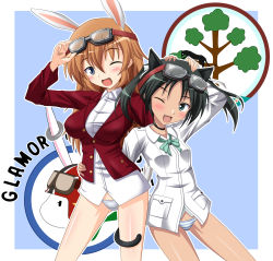 Rule 34 | 2girls, animal ears, back-to-back, black hair, cat ears, cat tail, charlotte e. yeager, fang, francesca lucchini, goggles, goggles on head, green eyes, long hair, military, military uniform, multiple girls, one eye closed, panties, rabbit ears, rabbit girl, strike witches, striped clothes, striped panties, tail, twintails, underwear, uniform, wink, world witches series, yukimura1130