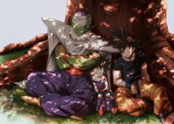 Rule 34 | 3boys, black hair, boots, cape, child, closed eyes, crossed arms, dappled sunlight, day, dougi, dragon ball, dragonball z, expressionless, father and son, fingernails, foot out of frame, frown, full body, grass, highres, indian style, leaning, leaning on person, male focus, mattari illust, multiple boys, nature, outdoors, parted lips, piccolo, pointy ears, serious, sitting, sleeping, sleeping on person, sleeping upright, son gohan, son goku, spiked hair, sunlight, tree, tree shade, turban, wristband