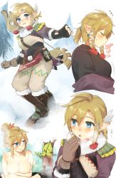 Rule 34 | 1girl, :o, black gloves, black sweater, blonde hair, blue eyes, blush, boots, breasts, commentary request, feather hair ornament, feathers, fingerless gloves, fur-trimmed boots, fur trim, genderswap, genderswap (mtf), gloves, hair between eyes, hair ornament, highres, knee boots, korok, large breasts, link, looking at viewer, nintendo, nipples, pointy ears, ponytail, sheikah slate, short hair, snowquill set (zelda), sweater, the legend of zelda, the legend of zelda: breath of the wild, tree, ttanuu.