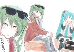 Rule 34 | 2girls, aqua hair, aqua necktie, bare shoulders, black sleeves, closed eyes, commentary, denim, detached sleeves, dual persona, eating, food, green eyes, green hair, grey shirt, hair ornament, hatsune miku, holding, holding food, jacket, jeans, kaimo (mi6kai), long hair, looking at viewer, multiple girls, necktie, pants, portable stove, red jacket, shirt, sitting, sleeveless, sleeveless shirt, stove, suna no wakusei (vocaloid), translated, twintails, very long hair, vocaloid, white background, white shirt