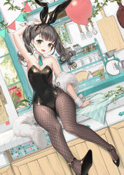 Rule 34 | 1girl, :d, animal ears, arm up, armpit crease, armpits, bare arms, bare shoulders, black eyes, black footwear, black hair, black leotard, breasts, brown pantyhose, detached collar, dutch angle, fake animal ears, fang, feather boa, fishnet pantyhose, fishnets, hairband, highleg, highleg leotard, leotard, long hair, looking at viewer, mole, mole under eye, necktie, open mouth, original, pantyhose, playboy bunny, rabbit ears, shoes, short necktie, sitting, small breasts, smile, solo, strapless, strapless leotard, twintails, wide hips, wrist cuffs, yu-ri (arium047)