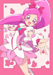 Rule 34 | 1girl, :d, bow, brooch, cbgb, cowboy shot, cure blossom, dress, earrings, foreshortening, frilled cuffs, hair bow, hanasaki tsubomi, heartcatch precure!, highres, jewelry, long hair, looking at viewer, magical girl, open mouth, pink background, pink bow, pink eyes, pink hair, ponytail, precure, puffy sleeves, reaching, reaching towards viewer, short dress, smile, solo, standing, swept bangs
