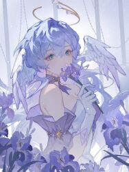 Rule 34 | 1girl, bare shoulders, blue hair, covered mouth, detached collar, detached sleeves, dress, elbow gloves, feathered wings, flower, from side, gloves, green eyes, halo, hand up, head wings, highres, holding, holding flower, honkai: star rail, honkai (series), long hair, longyoushuangruozhui, looking at viewer, marking on cheek, purple flower, purple sleeves, robin (honkai: star rail), solo, upper body, white dress, white gloves, wings