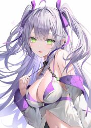 Rule 34 | 1girl, ahoge, black choker, blush, breasts, choker, cleavage, dot nose, fang, green eyes, grey hair, hair ribbon, highres, holding strap, large breasts, long hair, looking at viewer, navel, open mouth, original, pointy ears, purple ribbon, ribbon, rin yuu, sidelocks, simple background, skin fang, solo, two side up, upper body, white background