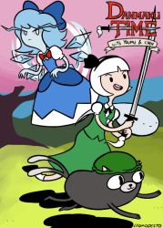 Rule 34 | 2girls, adventure time, artist name, cake (adventure time), chen, chen (cat), cirno, english text, finn the human, hat, ice, ice king, ice queen (adventure time), ice wings, jake, jake the dog, konpaku youmu, konpaku youmu (ghost), leomodesto, multiple girls, no nose, open mouth, parody, short hair, style parody, sword, touhou, weapon, wings
