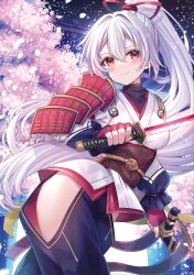 Rule 34 | 1girl, armor, blue pants, breasts, cherry blossoms, fate/grand order, fate (series), fingerless gloves, fujimori shiki, gloves, grey hair, high ponytail, highres, holding, holding sword, holding weapon, katana, long hair, long sleeves, looking at viewer, medium breasts, obi, pants, ponytail, red eyes, red gloves, sash, shoulder armor, side slit, smile, solo, sword, tomoe gozen (fate), very long hair, weapon