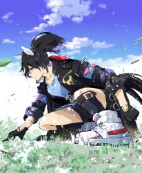 Rule 34 | 1girl, animal ears, black gloves, black hair, black shorts, black socks, blue eyes, blue shirt, blue sky, button gap, clenched hand, cloud, cloudy sky, commentary request, ear covers, gloves, grass, hair ornament, hand on ground, highres, hojogricaaaaap, horse ears, horse girl, horse tail, jacket, katsuragi ace (umamusume), long sleeves, medium hair, multicolored hair, open clothes, open jacket, outdoors, ponytail, shirt, shoes, shorts, sky, sneakers, socks, solo, streaked hair, tail, tassel, tassel hair ornament, umamusume, white footwear