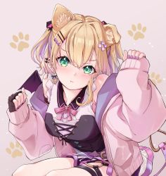 Rule 34 | 1girl, :t, animal ear fluff, animal ears, bare shoulders, black gloves, blonde hair, blush, bodice, breasts, cat ears, collared shirt, ear piercing, earrings, extra ears, feet out of frame, fingerless gloves, gloves, green eyes, hair ornament, hairclip, hands up, highres, iris black games, jacket, jewelry, kurumi noah, looking at viewer, medium hair, miniskirt, nail polish, off shoulder, paw print, piercing, pink jacket, pink nails, pout, ruo19, shirt, single glove, sitting, skirt, sleeveless, sleeveless shirt, sleeves past wrists, small breasts, solo, thigh strap, two side up, virtual youtuber, vspo!