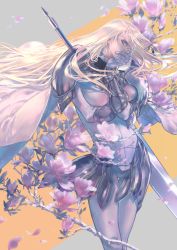 Rule 34 | 1girl, absurdres, armor, blonde hair, cape, claymore (series), claymore (sword), cowboy shot, ene (ike1001), flower, flower request, galatea, gloves, grey eyes, hand on own face, highres, long hair, looking at viewer, pauldrons, petals, shoulder armor, solo