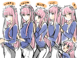 Rule 34 | 6+girls, :d, aono shimo, bad id, bad pixiv id, breasts, brown eyes, casual, chibi, crown, expressionless, fate/grand order, fate (series), girl sandwich, highres, long hair, looking at viewer, medb (fate), medb (fate), multiple girls, multiple persona, open mouth, pink hair, sandwiched, small breasts, smile, translated