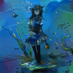 Rule 34 | 1girl, asphyxiation, bdsm, bondage, bound, chain, concrete, dress, drowning, female focus, fish, gradient background, solo, thighhighs, underwater, water