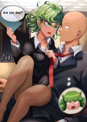 Rule 34 | absurdres, angry, bald, blush, breasts, business suit, formal, green eyes, green hair, highres, leggings, one-punch man, rkrk12, saitama (one-punch man), small breasts, suit, tatsumaki