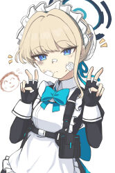 Rule 34 | 1boy, 1girl, absurdres, apron, doodle sensei (blue archive), bandaid, bandaid on face, bandaid on nose, black gloves, blue archive, blue bow, blue bowtie, blue eyes, bow, bowtie, bruise, bruise on face, bun cover, collared shirt, commentary request, fingerless gloves, frilled apron, frills, gloves, hair bow, hair ribbon, halo, highres, holster, injury, light brown hair, long hair, long sleeves, looking at viewer, maid, maid apron, maid headdress, osamu (osamubin), ribbon, sensei (blue archive), shirt, shoulder strap, sidelocks, simple background, toki (blue archive), turtleneck, white apron, white background