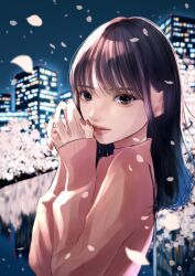 Rule 34 | 1girl, absurdres, aegyo sal, bag, black eyes, black hair, cherry blossoms, city lights, closed mouth, from side, highres, lips, long hair, long sleeves, looking at viewer, nail polish, night, original, pink sweater, reflection, reflective water, ribbed sweater, river, shoulder bag, solo, sweater, yuri (832yuri)
