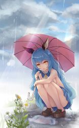 Rule 34 | 1girl, animal ears, arm on knee, ass, bare legs, bare shoulders, bell (angelicalary), blue hair, breasts, curly hair, day, dress, erune, ferry (granblue fantasy), flower, full body, granblue fantasy, hair between eyes, holding, holding umbrella, legs, long hair, medium breasts, open mouth, outdoors, panties, pantyshot, pantyshot through reflection, pleated dress, puddle, rain, reflection, sideboob, sleeveless, sleeveless dress, solo, squatting, thighs, umbrella, underwear, upskirt, very long hair, water, wet, white panties, yellow eyes