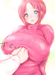 Rule 34 | 1girl, bad id, bad pixiv id, blue eyes, breasts, huge breasts, looking at viewer, parted lips, red hair, ribbed sweater, sakuru, sketch, smile, solo focus, sweater, translation request