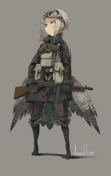 Rule 34 | 1girl, asterisk kome, bomber jacket, full body, gloves, goggles, goggles on head, gun, holding, holding gun, holding weapon, holster, jacket, military, military uniform, original, scar, short hair with long locks, silver hair, simple background, solo, submachine gun, thompson submachine gun, uniform, weapon, wings