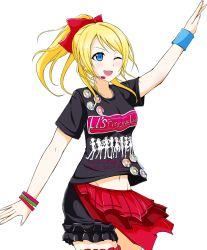 Rule 34 | 10s, 1girl, ;d, arm up, ayase eli, black shirt, black shorts, blonde hair, blue eyes, bow, bracelet, cowboy shot, floating hair, hair bow, high ponytail, jewelry, long hair, love live!, love live! school idol project, microphone, midriff, navel, oden70 (omekoken), one eye closed, open mouth, print shirt, red bow, shirt, short shorts, short sleeves, shorts, simple background, smile, solo, standing, stomach, white background, wristband
