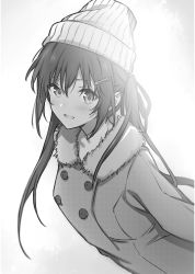 Rule 34 | 1girl, :d, coat, fur coat, gamers!, greyscale, hair between eyes, hair ornament, hairclip, hat, highres, leaning forward, looking at viewer, monochrome, novel illustration, official art, open mouth, saboten, smile, solo, standing, upper body, winter clothes, winter coat
