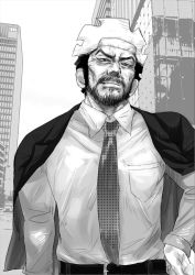 Rule 34 | 1boy, arm at side, beard, belt, black hair, city, contemporary, day, facial hair, golden kamuy, greyscale, izurunet, jacket, jacket on shoulders, long sleeves, looking at viewer, male focus, monochrome, multicolored hair, necktie, nihei tetsuzou, outdoors, pocket, scar, scar on face, scar on forehead, shirt, two-tone hair, white hair, white shirt