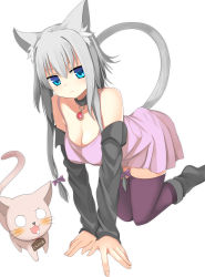 Rule 34 | 1girl, animal ears, arm support, bare shoulders, black neckwear, blue eyes, boots, bow, breasts, cat, cat ears, cat tail, choker, closed mouth, commentary request, detached sleeves, dress, feet out of frame, grey hair, hair between eyes, hair bow, highres, kneeling, looking at viewer, mahcdai, medium breasts, medium hair, original, pink dress, purple thighhighs, saliva, sleeveless, tail, thighhighs, twintails, white background