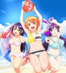 Rule 34 | 3girls, ball, beach, beachball, bikini, blue hair, commentary request, day, frilled bikini, frilled swimsuit, frills, green eyes, hair between eyes, hair ornament, hair scrunchie, holding, holding ball, holding water gun, hoshizora rin, innertube, lily white (love live!), long hair, looking at viewer, love live!, love live! school idol festival, love live! school idol project, low twintails, multiple girls, ocean, open mouth, orange hair, outdoors, pon yui, purple hair, scrunchie, short hair, side-tie bikini bottom, smile, sonoda umi, swim ring, swimsuit, tojo nozomi, twintails, water, water gun, white bikini, yellow eyes