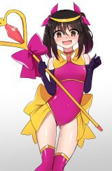 Rule 34 | 1girl, bare shoulders, black hair, blush, bow, breasts, brown eyes, brown hair, covered navel, elbow gloves, fang, gloves, gluteal fold, gradient background, gradient hair, grey background, hair between eyes, hair ribbon, highres, holding, holding staff, leotard, magical girl, multicolored hair, nanju bami, open mouth, original, pink bow, pink legwear, pink leotard, purple gloves, purple ribbon, red hair, ribbon, small breasts, solo, staff, streaked hair, sweat, thigh gap, twintails, white background, yellow bow