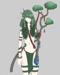 Rule 34 | 1girl, absurdres, arm tattoo, breasts, frown, gimli34, green hair, grey background, highres, leaf clothing, leg tattoo, long hair, looking up, midriff, navel, original, pelvic curtain, pointy ears, prosthesis, prosthetic arm, red sash, sash, simple background, skinny, small breasts, solo, staff, tattoo, weapon, weapon on back, yellow eyes