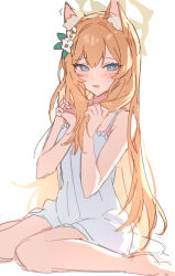 Rule 34 | 1girl, animal ears, bare shoulders, barefoot, blue archive, blue eyes, blush, dress, flower, hair flower, hair ornament, halo, hands in own hair, highres, long hair, looking at viewer, mari (blue archive), nightgown, open mouth, orange hair, simple background, teti, thighs, white background, white dress