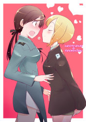 Rule 34 | 2girls, arms behind back, blonde hair, blush, brown eyes, brown hair, erica hartmann, closed eyes, gertrud barkhorn, heart, imminent kiss, leaning, multiple girls, no pants, open mouth, profile, strike witches, touge hiro, twintails, wavy mouth, world witches series, yuri