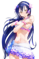 Rule 34 | 10s, 1girl, bad id, bad pixiv id, bare shoulders, bikini, bikini skirt, bikini top only, bikini under clothes, blue hair, collarbone, covering privates, covering breasts, cowboy shot, earrings, embarrassed, flower, flower on head, frilled bikini, frills, hair flower, hair ornament, hairband, halterneck, halterneck, highres, jewelry, long hair, looking at viewer, love live!, love live! school idol project, modare, natsuiro egao de 1 2 jump!, navel, solo, sonoda umi, stomach, swimsuit, swimsuit under clothes, tears, wavy mouth, yellow eyes