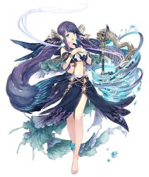 Rule 34 | 1girl, anklet, aqua eyes, barefoot, fins, frills, full body, hands on own chest, harp, instrument, jewelry, jino, long hair, midriff, music, navel, ningyo hime (sinoalice), official art, purple hair, sailor collar, singing, sinoalice, solo, transparent background, very long hair, water