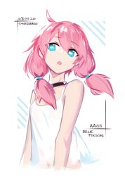 Rule 34 | 1girl, arknights, bare arms, bare shoulders, black choker, blue eyes, blue poison (arknights), choker, cropped torso, deel (rkeg), highres, long hair, looking at viewer, low twintails, one-hour drawing challenge, open mouth, pink hair, shirt, sleeveless, sleeveless shirt, solo, spaghetti strap, torn clothes, torn shirt, twintails, white background, white shirt