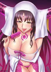 Rule 34 | 10s, 1girl, bad id, bad pixiv id, bare shoulders, black hair, blush, breasts, cleavage, detached sleeves, facial mark, fate/extra, fate/extra ccc, fate (series), food, forehead mark, gradient hair, horns, large breasts, leaning forward, long hair, looking at viewer, multicolored hair, panties, pink hair, pink panties, popsicle, sessyoin kiara, smile, solo, thigh gap, tongue, tongue out, underwear, vanquice, veil, very long hair, yellow eyes