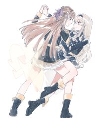 Rule 34 | 2girls, black footwear, black hairband, black jacket, boots, bow, brown hair, closed mouth, commentary request, dancing, epaulettes, eye contact, fresa pie, full body, grey skirt, hair bow, hairband, hand on another&#039;s shoulder, highres, holding hands, interlocked fingers, jacket, light brown hair, long hair, long sleeves, looking at another, multiple girls, pink eyes, pleated skirt, purple bow, saijou claudine, shoujo kageki revue starlight, simple background, skirt, tendou maya, white background, yuri
