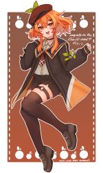 Rule 34 | + +, 1girl, :3, :d, black choker, black jacket, border, brown background, brown footwear, brown hat, brown thighhighs, choker, commentary, congratulations, english commentary, fang, full body, gradient background, grey shirt, hand up, hat, highres, indie virtual youtuber, jacket, kaheru (vtuber), leaf, loafers, long sleeves, looking at viewer, medium hair, necktie, open clothes, open jacket, open mouth, orange eyes, orange hair, red necktie, shirt, shoes, short necktie, sidelocks, signature, sleeves past wrists, smile, solo, temachii, thighhighs, virtual youtuber, white border