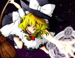 Rule 34 | 1girl, bad id, bad pixiv id, blonde hair, broom, colorized, female focus, foreshortening, glaring, grin, hat, hexagram, kirisame marisa, ko-&gt;u, magic circle, open mouth, outstretched arm, outstretched hand, popokabi, sky, smile, solo, star (sky), star (symbol), starry sky, touhou, witch, witch hat, yellow eyes