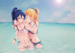 Rule 34 | 2girls, alternate hairstyle, ayase eli, bikini, blonde hair, blue hair, closed eyes, commentary request, day, hair between eyes, hand on another&#039;s cheek, hand on another&#039;s face, long hair, love live!, love live! school idol festival, love live! school idol project, multiple girls, ocean, one eye closed, outdoors, partially submerged, ponytail, scrunchie, short shorts, shorts, side-tie bikini bottom, smile, sonoda umi, suito, swimsuit, wading, water, yellow eyes