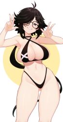 Rule 34 | 1girl, absurdres, ahoge, armpits, bikini, black-framed eyewear, black bikini, black choker, black eyes, black hair, borrowed character, breasts, broken eyewear, choker, contrapposto, crack, cracked glass, criss-cross halter, double w, fingernails, glasses, gluteal fold, grin, groin, hair ornament, hair over one eye, halterneck, hands up, highleg, highleg bikini, highres, large breasts, long fingernails, long hair, looking at viewer, moursho, nail polish, navel, original, skindentation, smile, solo, stomach, sweatdrop, swimsuit, symbol-shaped pupils, teardrop-framed glasses, two-tone background, uni (unexistarts), very long hair, w, white background, x-shaped pupils, x hair ornament, yellow background, yellow nails