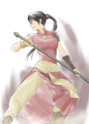 Rule 34 | 1girl, armor, bad id, bad pixiv id, balsa, black hair, bracelet, breasts, brown eyes, fighting stance, japanese armor, japanese clothes, jewelry, kote, large breasts, long hair, pants, polearm, ponytail, rumi (ru mix), sash, seirei no moribito, shoulder pads, sleeveless, solo, spear, weapon