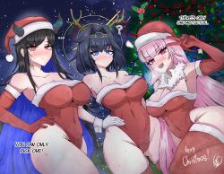Rule 34 | 3girls, :d, absurdres, antlers, bare shoulders, black hair, black horns, blue eyes, blue hair, blush, breasts, broken horn, christmas, christmas tree, cleavage, closed mouth, collarbone, colored inner hair, elbow gloves, gloves, gluteal fold, hair intakes, hair ornament, hand on own hip, hand up, hat, highleg, highleg leotard, highres, hololive, hololive english, horns, large breasts, leotard, long hair, mayoa, mori calliope, multicolored hair, multiple girls, nerissa ravencroft, open mouth, ouro kronii, pink hair, red eyes, red gloves, red leotard, red thighhighs, santa hat, short hair, smile, thighhighs, thighs, two-tone hair, v, virtual youtuber, white gloves