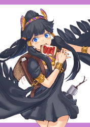 Rule 34 | 1girl, armlet, backpack, bag, black dress, black hair, blue eyes, blunt bangs, blush, blush stickers, bracer, bread slice, breasts, cleavage, coffee, coffee mug, cowboy shot, cup, dress, egyptian, eyebrows, food, food in mouth, hair tubes, hairband, jam, jewelry, jyon, long hair, medjedra, mouth hold, mug, necklace, nephthys (p&amp;d), open mouth, ponytail, puffy short sleeves, puffy sleeves, puzzle &amp; dragons, running, short dress, short sleeves, sidelocks, smile, solo, spill, star (symbol), tamadra, toast, toast in mouth, when you see it, white background