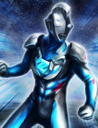 Rule 34 | 1boy, absurdres, alien, clenched hands, fighting stance, glowing, glowing eyes, highres, looking to the side, male focus, robuja, solo, tokusatsu, ultra series, ultraman z, ultraman z (series), white eyes