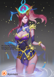 Rule 34 | &gt;:), 1girl, alternate costume, alternate hair color, armlet, artist name, blue eyes, bracelet, breasts, caitlyn (league of legends), claws, cleavage, cleavage cutout, clothing cutout, elbow gloves, facepaint, floating hair, flower, gloves, glowing, hair ornament, hair stick, headdress, headpiece, hip focus, jewelry, league of legends, lips, long hair, looking at viewer, lunar wraith caitlyn, petals, pink hair, pointy ears, ponytail, see-through, serious, shawl, single glove, smile, solo, songjikyo, standing, tassel, v-shaped eyebrows, wading, water, watermark, web address, wind