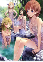 Rule 34 | 4girls, :d, absurdres, astrid zexis, atelier (series), atelier rorona, bare shoulders, bathing, black hair, blonde hair, blue eyes, blush, bow, breasts, brown hair, cleavage, covering privates, cuderia von feuerbach, day, female focus, green eyes, hair bow, hands on own hips, highres, holding, kishida mel, lionela heinze, long hair, looking at viewer, medium breasts, multiple girls, naked towel, official art, onsen, open mouth, outdoors, partially submerged, rock, rororina fryxell, short hair, sitting, small breasts, smile, standing, towel, water, yellow eyes