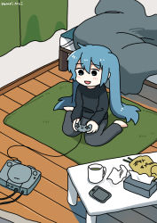 Rule 34 | 1girl, :d, bed, black eyes, blue hair, game console, hatsune miku, indoors, long hair, open mouth, playing games, playstation 1, sitting, smile, solo, sony, table, tea, tissue box, twintails, vocaloid, wariza, wooden floor, yomoi nui