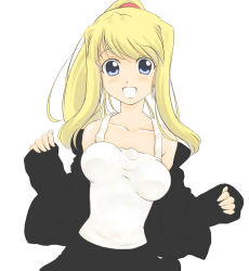 Rule 34 | 00s, 1girl, blonde hair, blue eyes, blush, breasts, fullmetal alchemist, hide (rightstuff annex), long hair, off shoulder, open clothes, open shirt, ponytail, shirt, skirt, smile, solo, tank top, winry rockbell