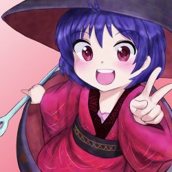 Rule 34 | 1girl, blue hair, blush, bowl, bowl hat, hat, highres, in bowl, in container, japanese clothes, kimono, looking at viewer, mini person, minigirl, needle, niala, obi, open mouth, pink background, red eyes, sash, short hair, simple background, solo, sukuna shinmyoumaru, touhou, urban legend in limbo, v